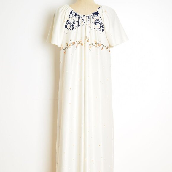 vintage 70s maxi dress cream navy floral border print caftan tent hippie boho M - Picture 10 of 11